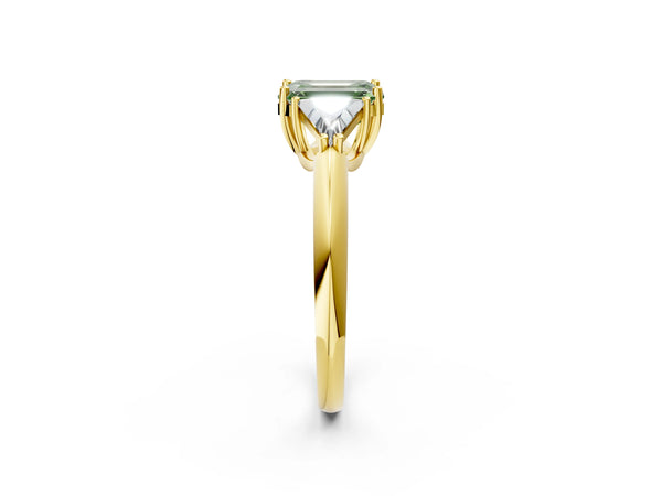 Yellow Gold Emerald Cut Trillion Three Stone Engagement Ring Setting for Fancy Green Center