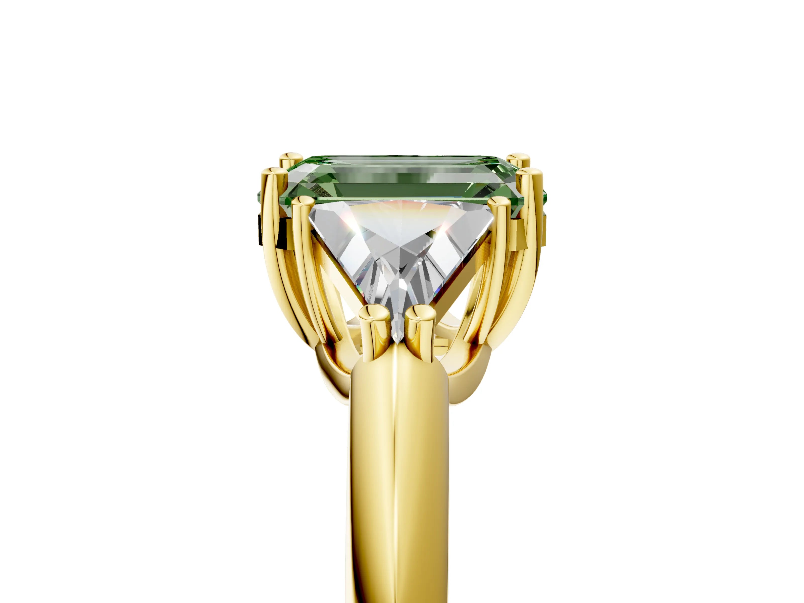 Yellow gold Three-Stone Fancy Green Emerald Cut Cut Diamond Ring with Trillion Side Stones and Four-Prong Setting_8