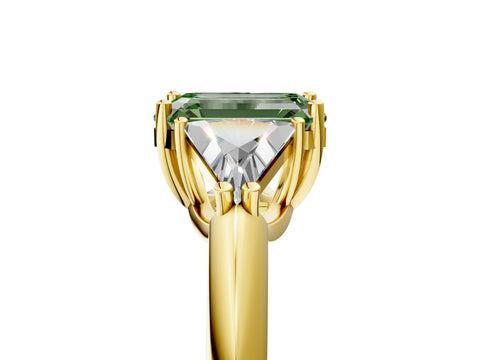 Yellow gold Three-Stone Fancy Green Emerald Cut Cut Diamond Ring with Trillion Side Stones and Four-Prong Setting_8