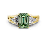 Yellow gold Three-Stone Fancy Green Emerald Cut Cut Diamond Ring with Trillion Side Stones on a Split Shank Band