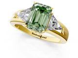Yellow gold Three-Stone Fancy Green Emerald Cut Cut Diamond Ring with Trillion Side Stones on a Split Shank Band_1