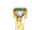 Yellow gold Three-Stone Fancy Green Emerald Cut Cut Diamond Ring with Trillion Side Stones on a Split Shank Band_11