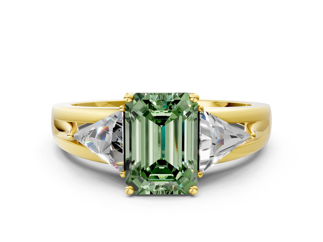 Yellow gold Three-Stone Fancy Green Emerald Cut Cut Diamond Ring with Trillion Side Stones on a Split Shank Band_6