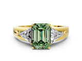 Yellow gold Three-Stone Fancy Green Emerald Cut Cut Diamond Ring with Trillion Side Stones on a Split Shank Band_6