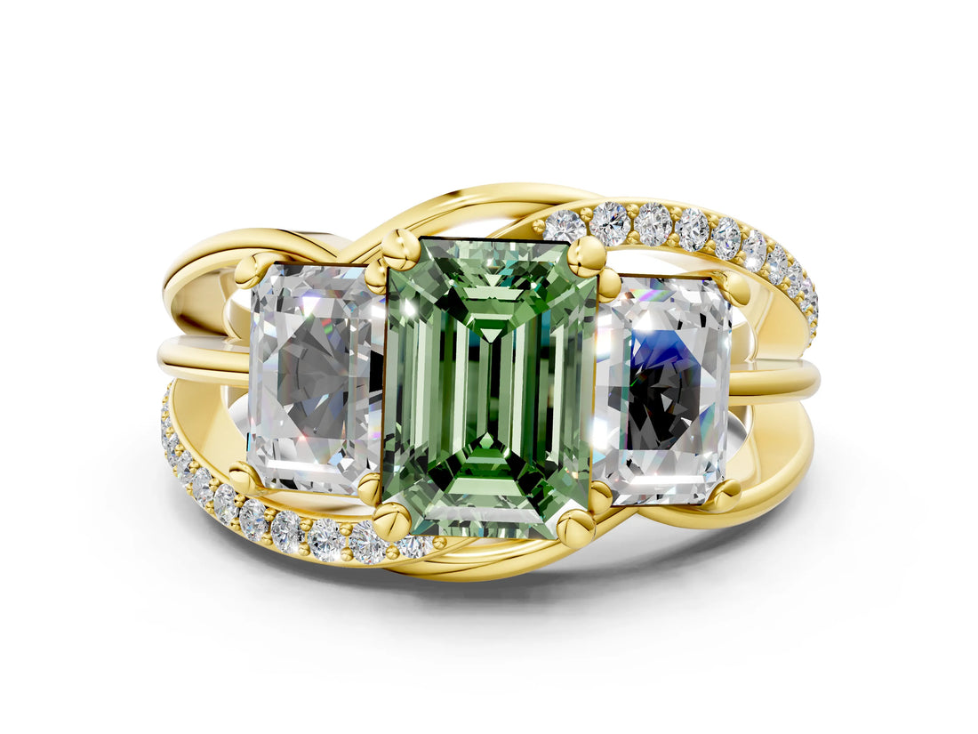Yellow gold Three-Stone Fancy Green Emerald Cut Cut Diamond Split Shank Prong Set Ring_12