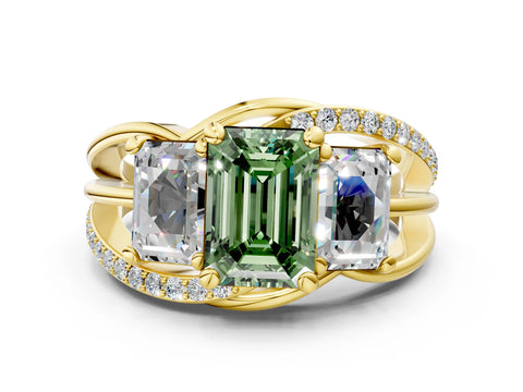 Yellow gold Three-Stone Fancy Green Emerald Cut Cut Diamond Split Shank Prong Set Ring_12