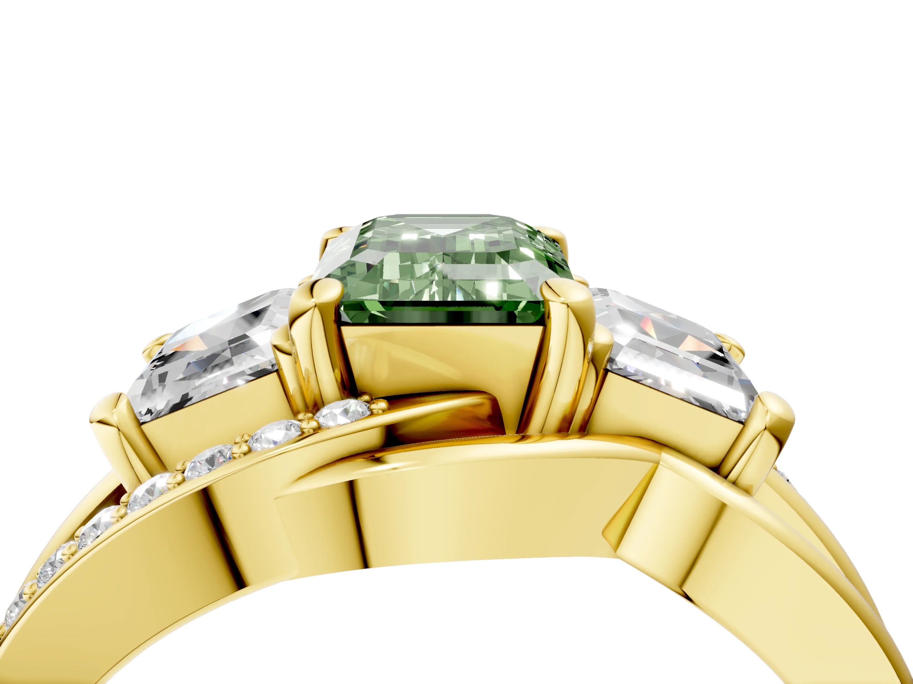 Yellow gold Three-Stone Fancy Green Emerald Cut Cut Diamond Split Shank Prong Set Ring_16