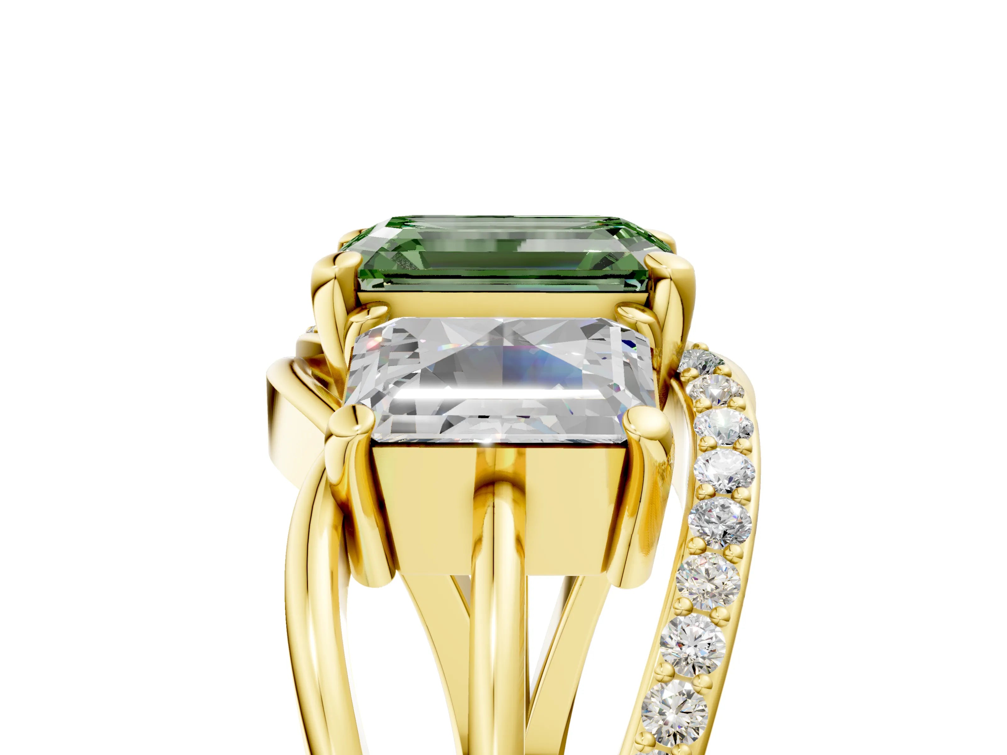 Yellow gold Three-Stone Fancy Green Emerald Cut Cut Diamond Split Shank Prong Set Ring_17