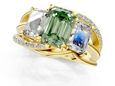 Yellow gold Three-Stone Fancy Green Emerald Cut Cut Diamond Split Shank Prong Set Ring_1