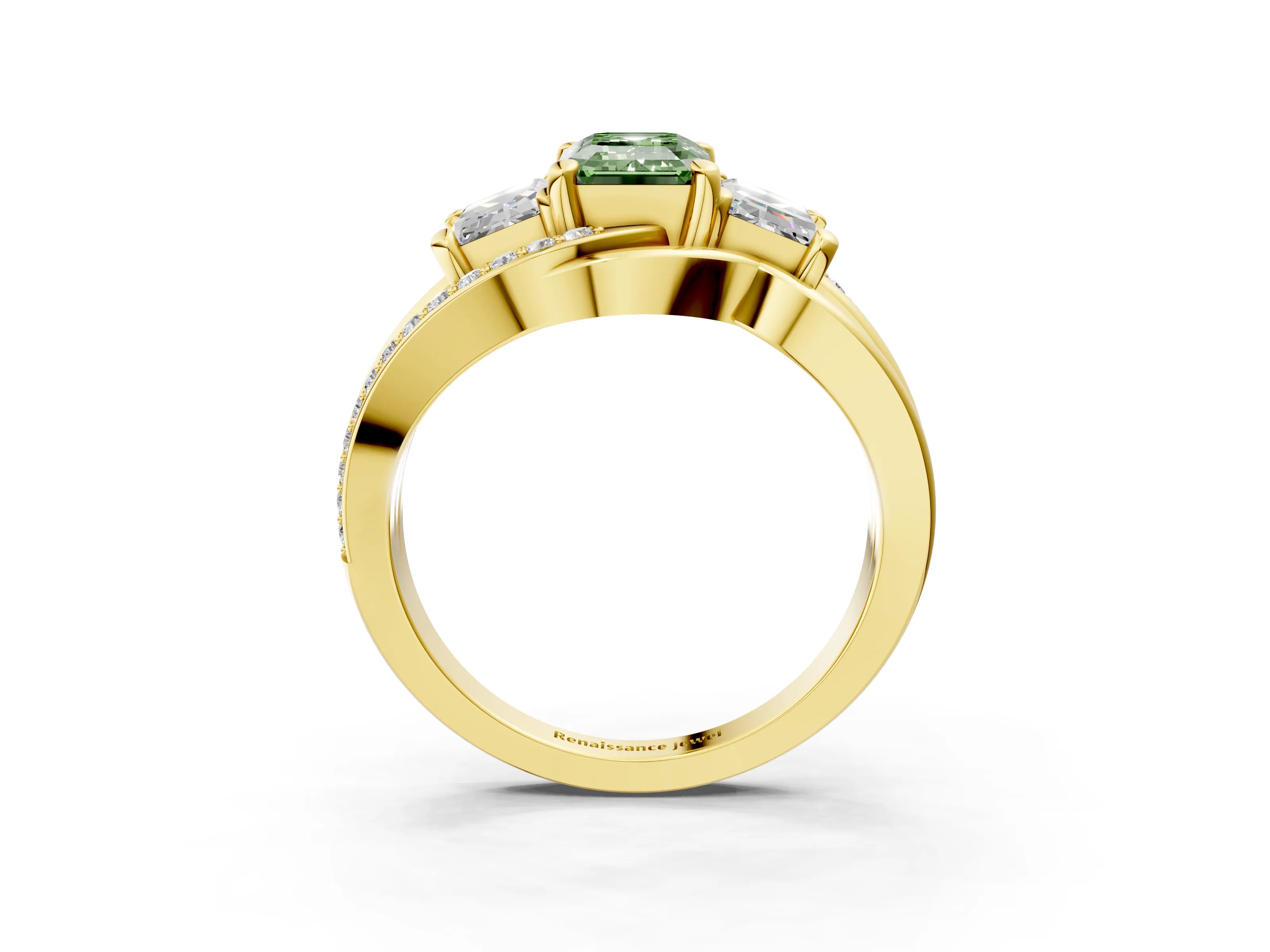 Yellow gold Three-Stone Fancy Green Emerald Cut Cut Diamond Split Shank Prong Set Ring_3