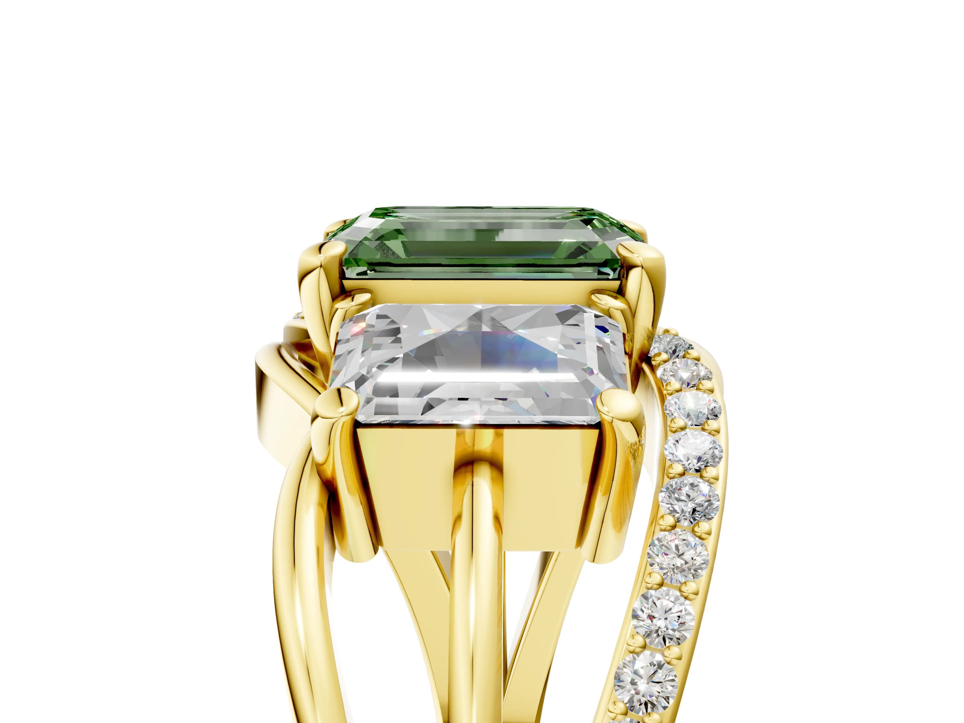Yellow gold Three-Stone Fancy Green Emerald Cut Cut Diamond Split Shank Prong Set Ring_5