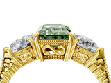 Yellow gold Three-Stone Fancy Green Emerald Cut Cut Milgrain Band Prong Setting Ring_10