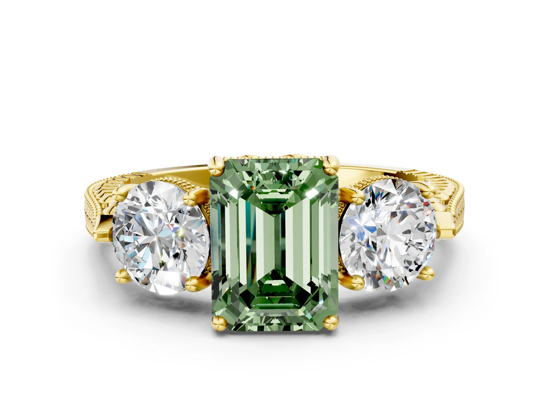 Yellow gold Three-Stone Fancy Green Emerald Cut Cut Milgrain Band Prong Setting Ring_6