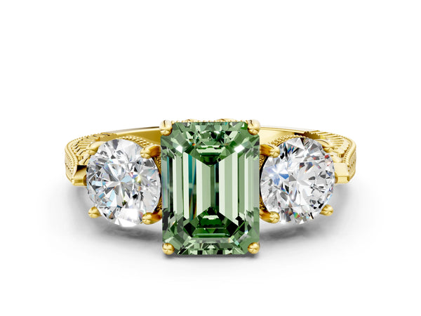 Yellow Gold Emerald Cut Vintage Three Stone Engagement Ring Setting for Fancy Green Center