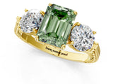 Yellow gold Three-Stone Fancy Green Emerald Cut Cut Milgrain Band Prong Setting Ring_7
