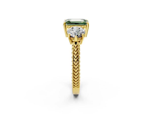 Yellow Gold Emerald Cut Vintage Three Stone Engagement Ring Setting for Fancy Green Center