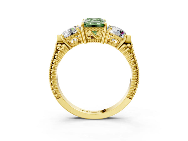 Yellow Gold Emerald Cut Vintage Three Stone Engagement Ring Setting for Fancy Green Center