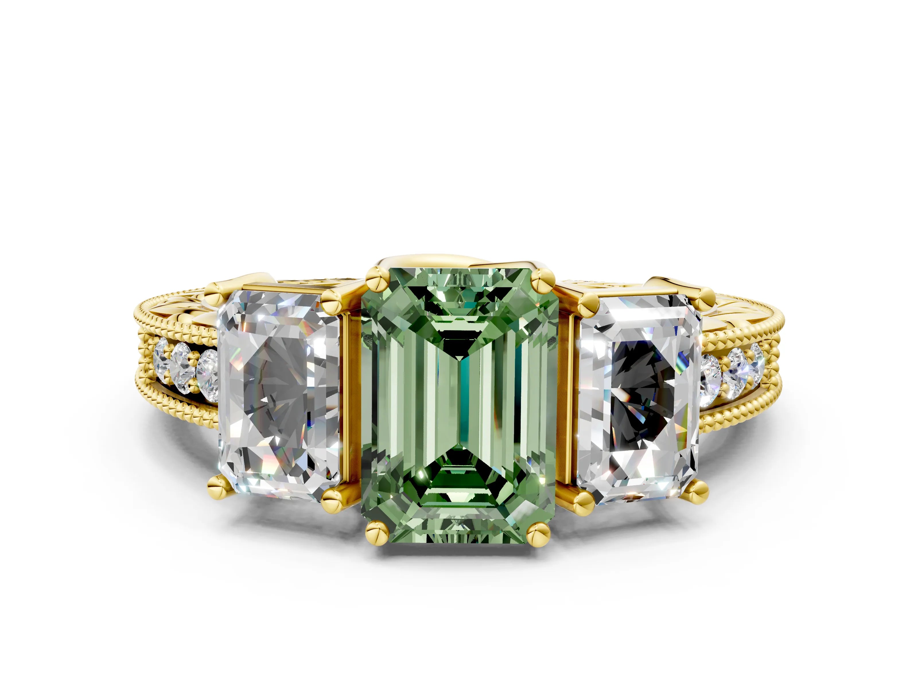Yellow gold Three-Stone Fancy Green Emerald Cut Cut Milgrain Pavé Engagement Ring