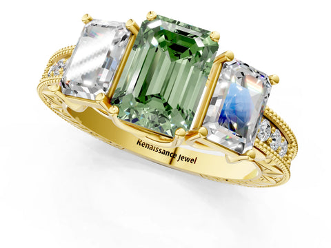 Yellow gold Three-Stone Fancy Green Emerald Cut Cut Milgrain Pavé Engagement Ring_1