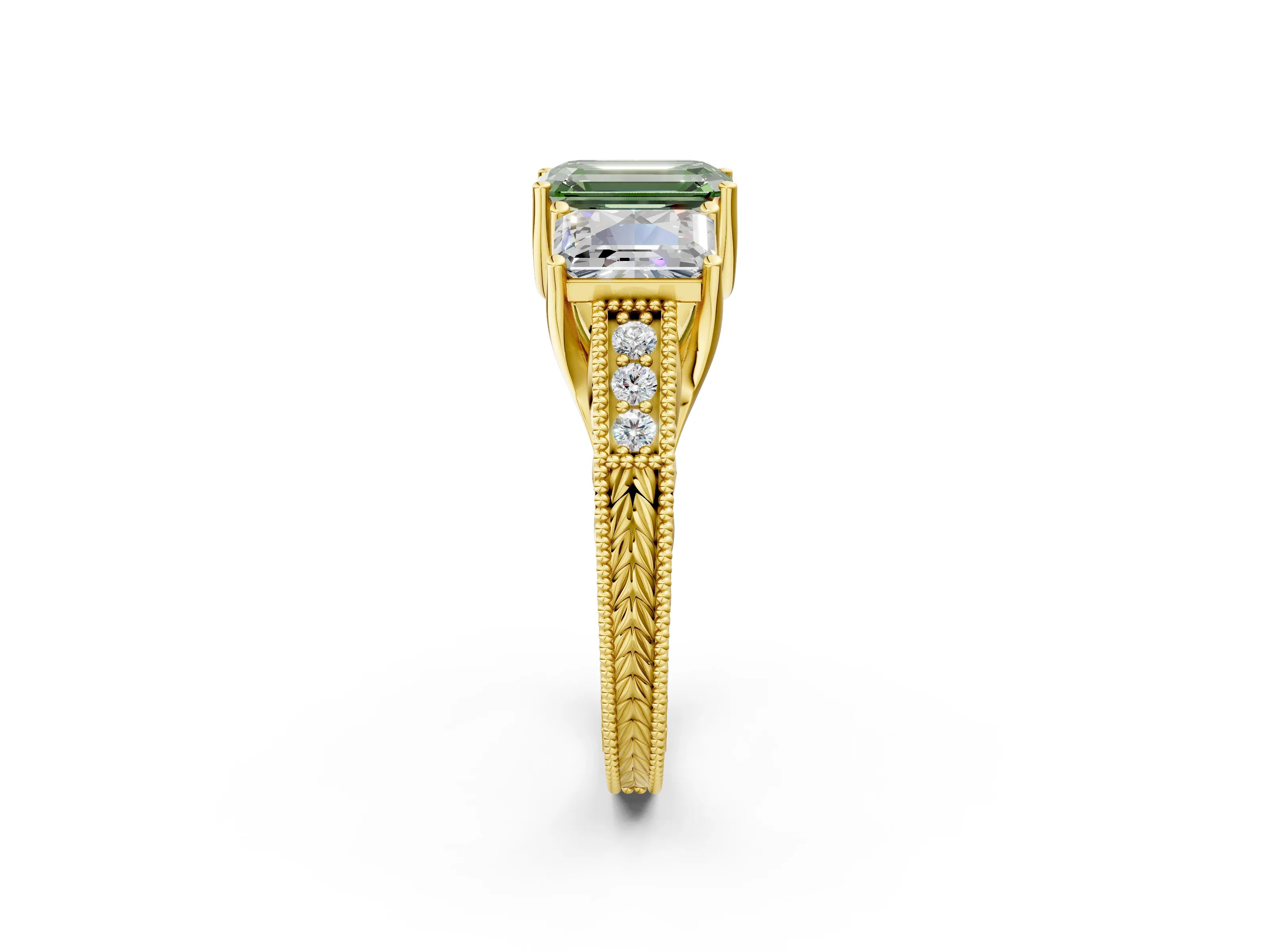 Yellow gold Three-Stone Fancy Green Emerald Cut Cut Milgrain Pavé Engagement Ring_2