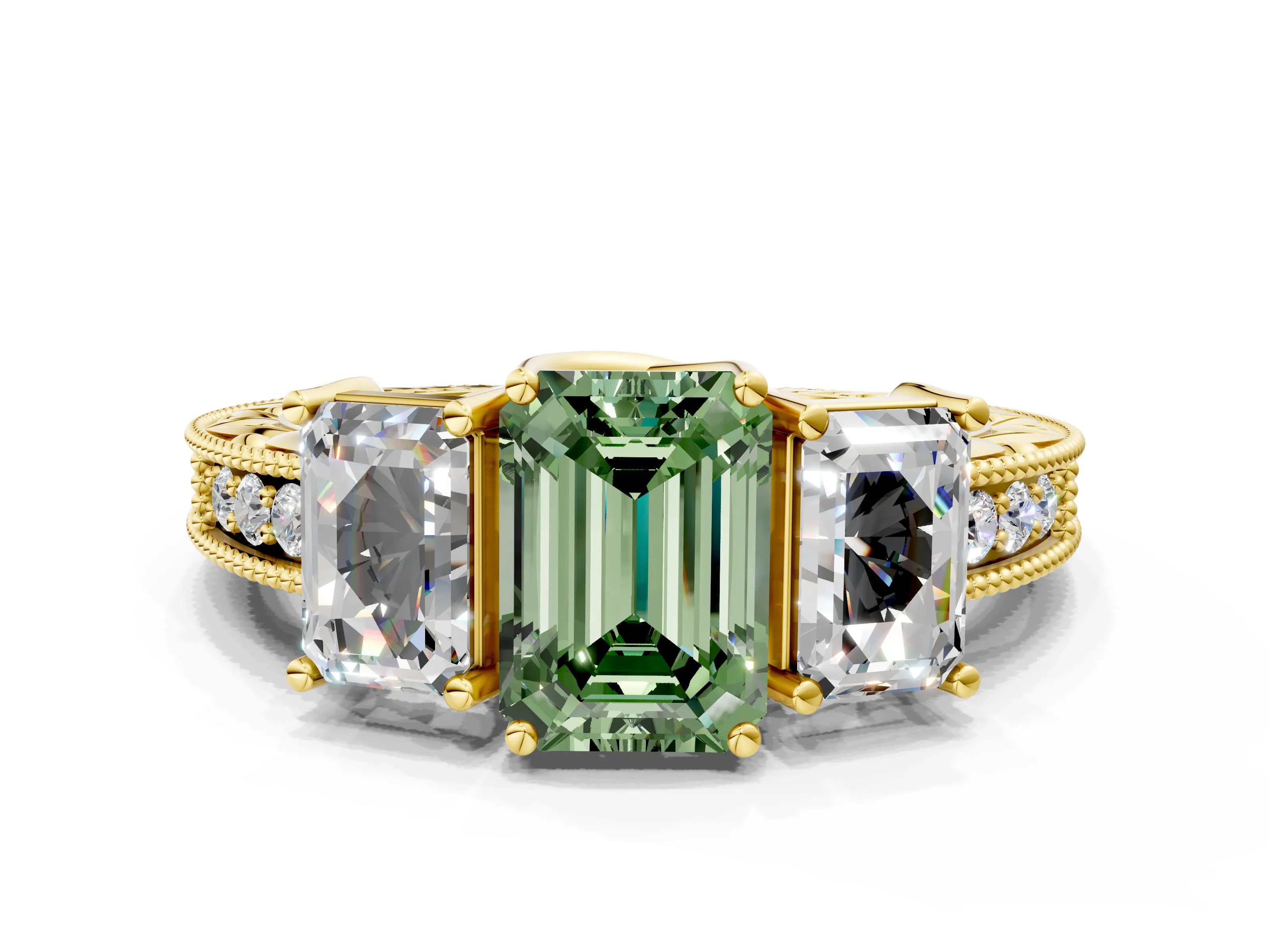 Yellow gold Three-Stone Fancy Green Emerald Cut Cut Milgrain Pavé Engagement Ring_24