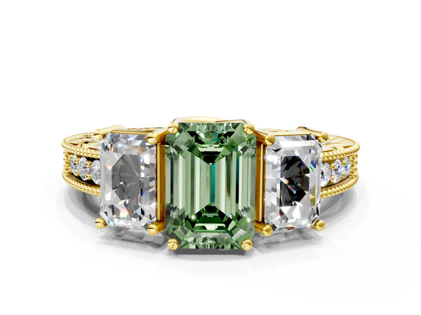 Yellow Gold Emerald Cut Engraved Three Stone Engagement Ring Setting for Fancy Green Center