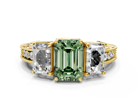 Yellow gold Three-Stone Fancy Green Emerald Cut Cut Milgrain Pavé Engagement Ring_24