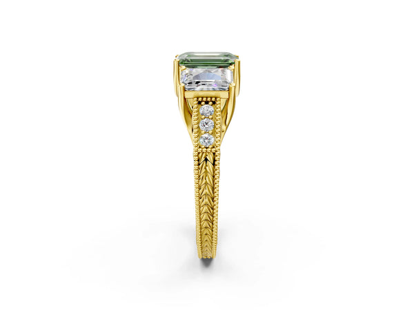 Yellow Gold Emerald Cut Engraved Three Stone Engagement Ring Setting for Fancy Green Center
