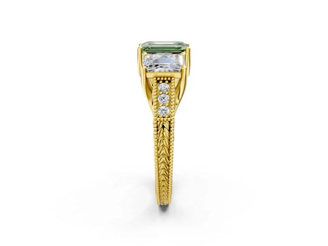 Yellow gold Three-Stone Fancy Green Emerald Cut Cut Milgrain Pavé Engagement Ring_26
