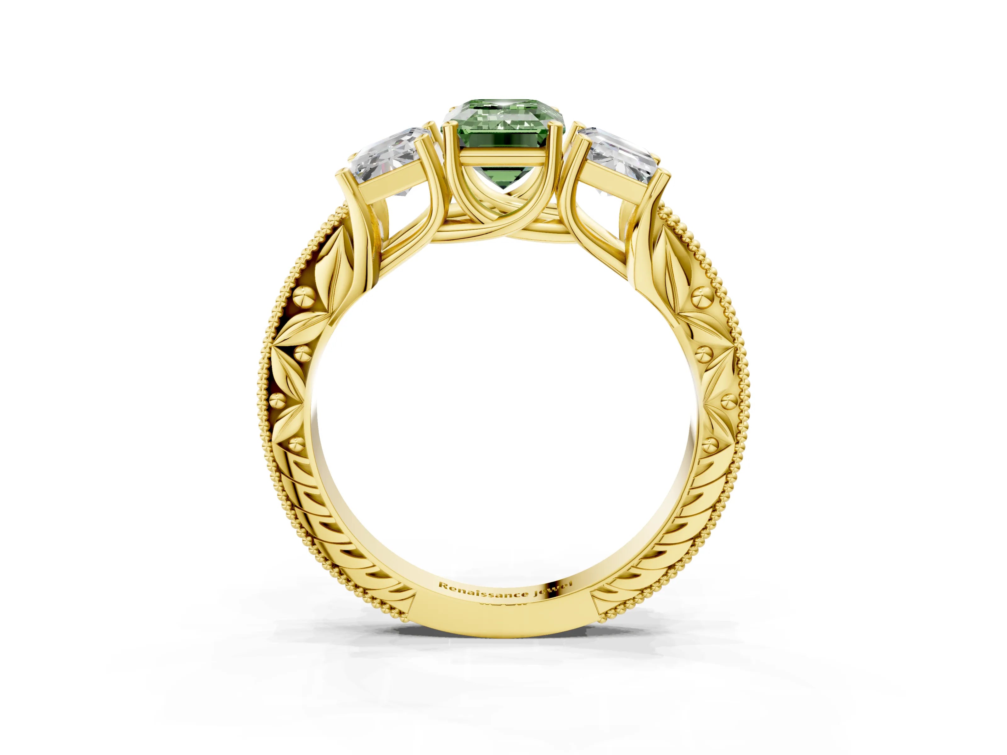 Yellow gold Three-Stone Fancy Green Emerald Cut Cut Milgrain Pavé Engagement Ring_27