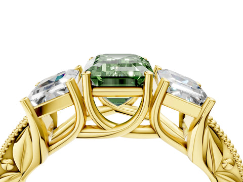 Yellow gold Three-Stone Fancy Green Emerald Cut Cut Milgrain Pavé Engagement Ring_28