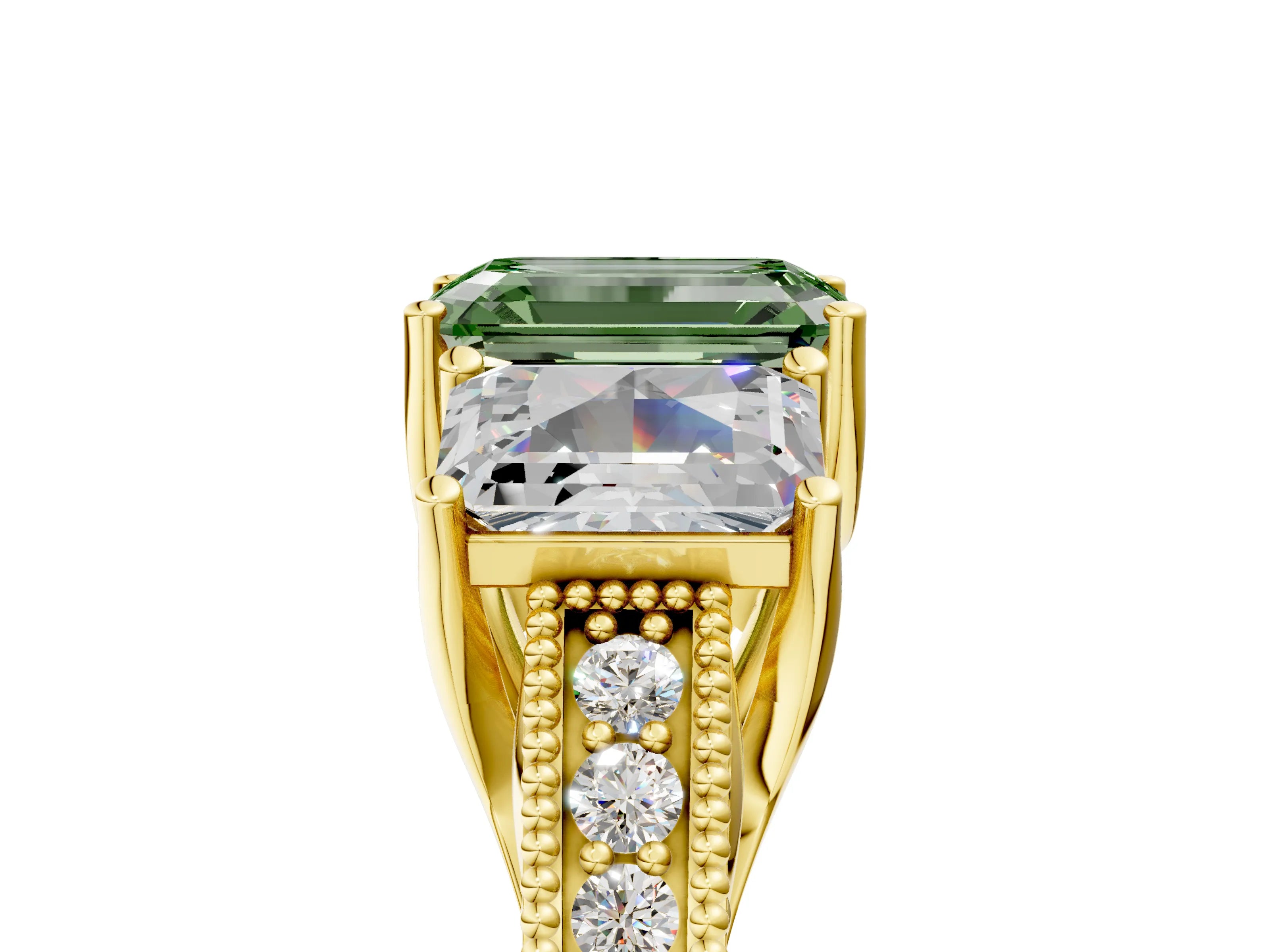 Yellow gold Three-Stone Fancy Green Emerald Cut Cut Milgrain Pavé Engagement Ring_29