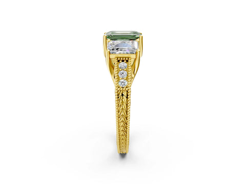 Yellow gold Three-Stone Fancy Green Emerald Cut Cut Milgrain Pavé Engagement Ring_2
