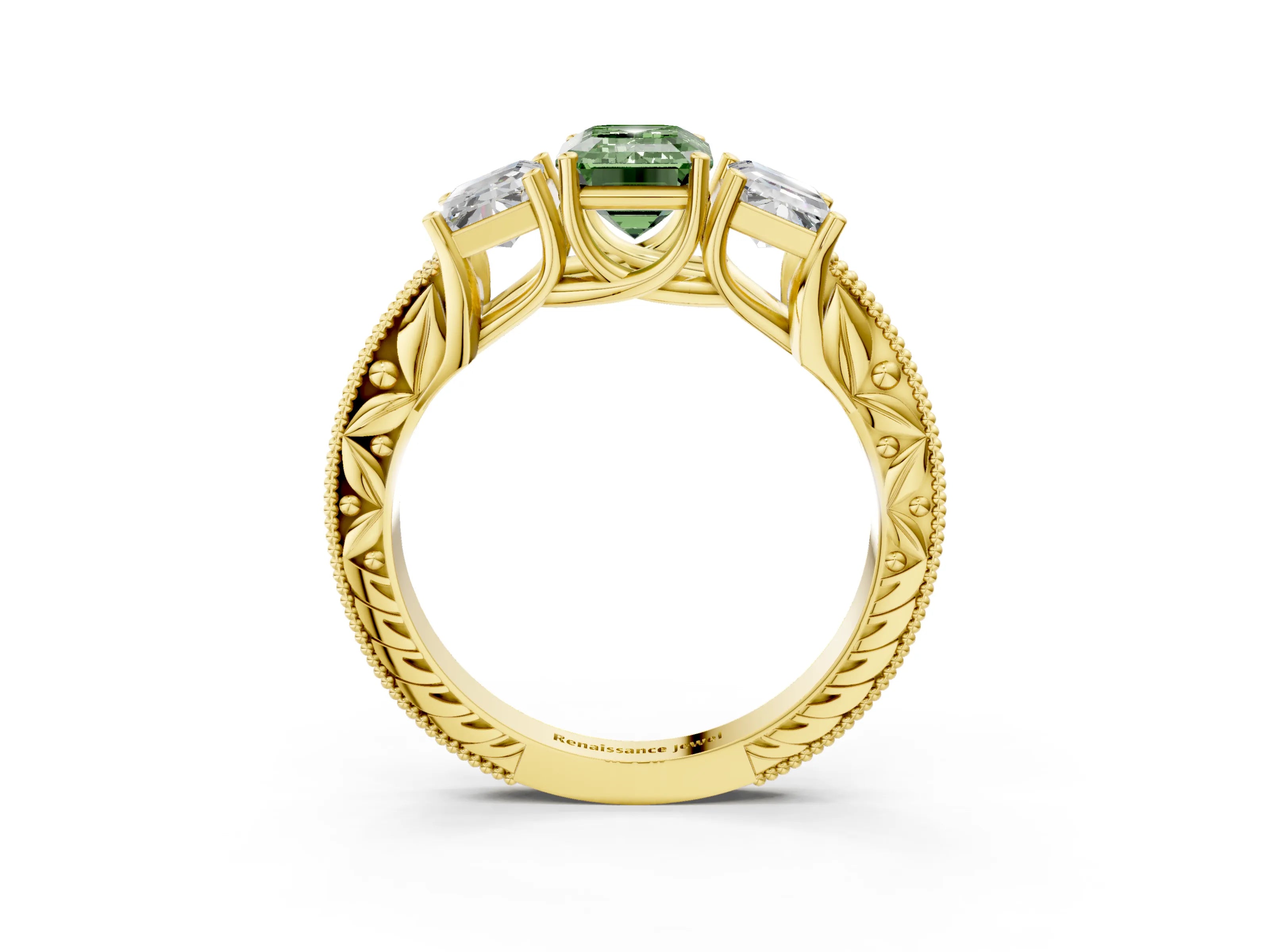 Yellow gold Three-Stone Fancy Green Emerald Cut Cut Milgrain Pavé Engagement Ring_3
