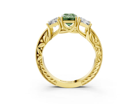 Yellow gold Three-Stone Fancy Green Emerald Cut Cut Milgrain Pavé Engagement Ring_3