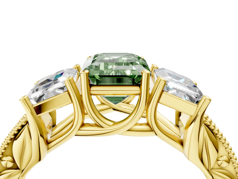 Yellow gold Three-Stone Fancy Green Emerald Cut Cut Milgrain Pavé Engagement Ring_4