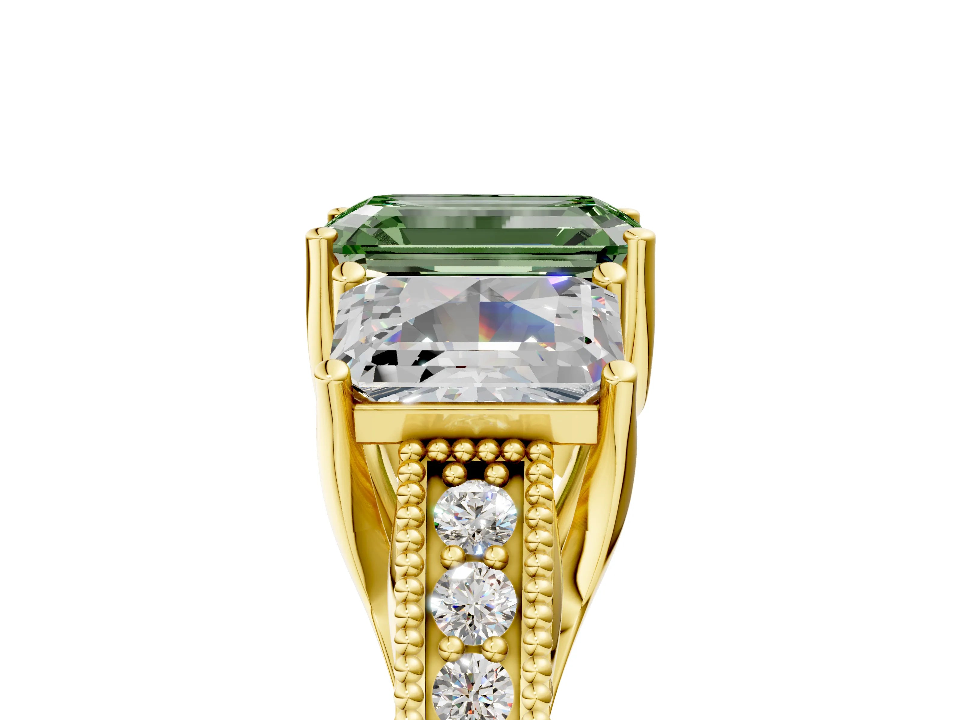 Yellow gold Three-Stone Fancy Green Emerald Cut Cut Milgrain Pavé Engagement Ring_5