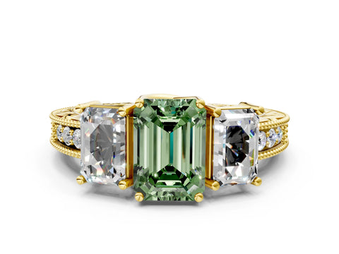 Yellow gold Three-Stone Fancy Green Emerald Cut Cut Milgrain Pavé Engagement Ring