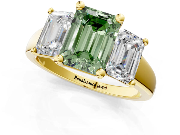 Yellow gold Three-Stone Fancy Green Emerald Cut Cut Solitaire Ring with Classic Prong Setting