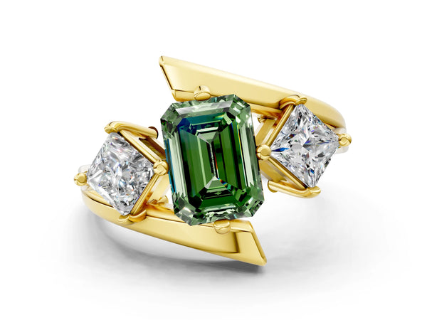 Yellow gold Three-Stone Fancy Green Emerald Cut Cut Tension Band Ring with Four-Prong Setting