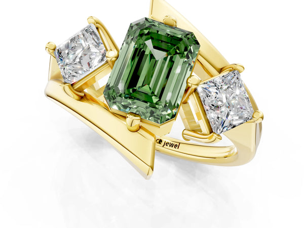 Yellow gold Three-Stone Fancy Green Emerald Cut Cut Tension Band Ring with Four-Prong Setting