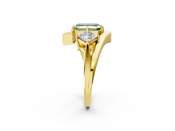 Yellow gold Three-Stone Fancy Green Emerald Cut Cut Tension Band Ring with Four-Prong Setting
