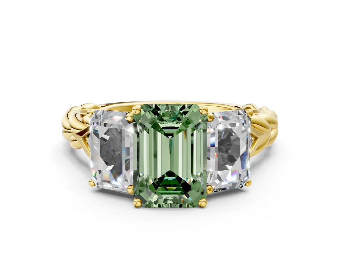 Yellow gold Three-Stone Fancy Green Emerald Cut Diamond Braided Band Ring with Four-Prong Setting_100