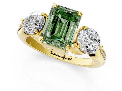 Yellow gold Three-Stone Fancy Green Emerald Cut Diamond Channel Set Engagement Ring with Prong Setting_1