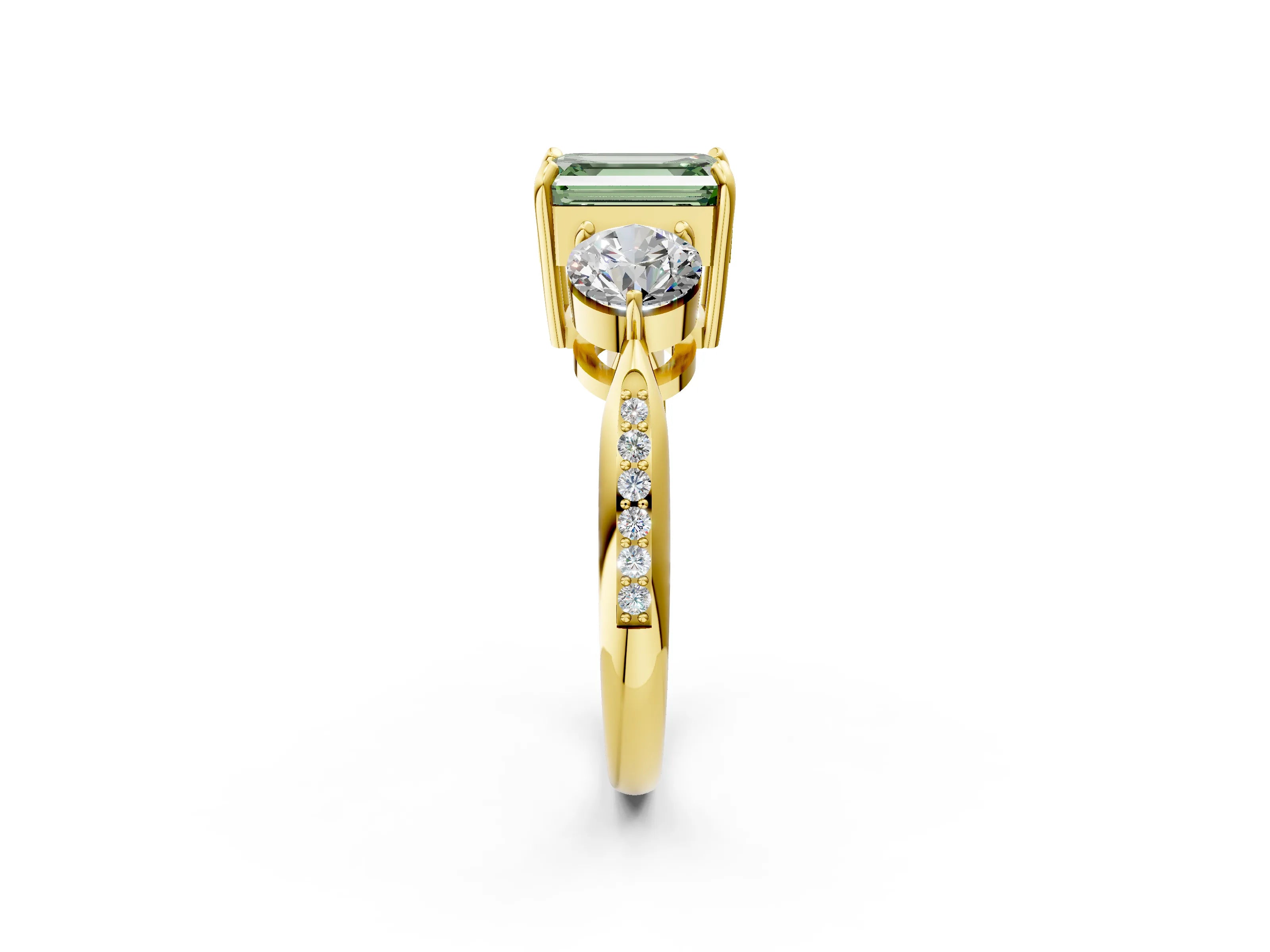 Yellow gold Three-Stone Fancy Green Emerald Cut Diamond Channel Set Engagement Ring with Prong Setting_2