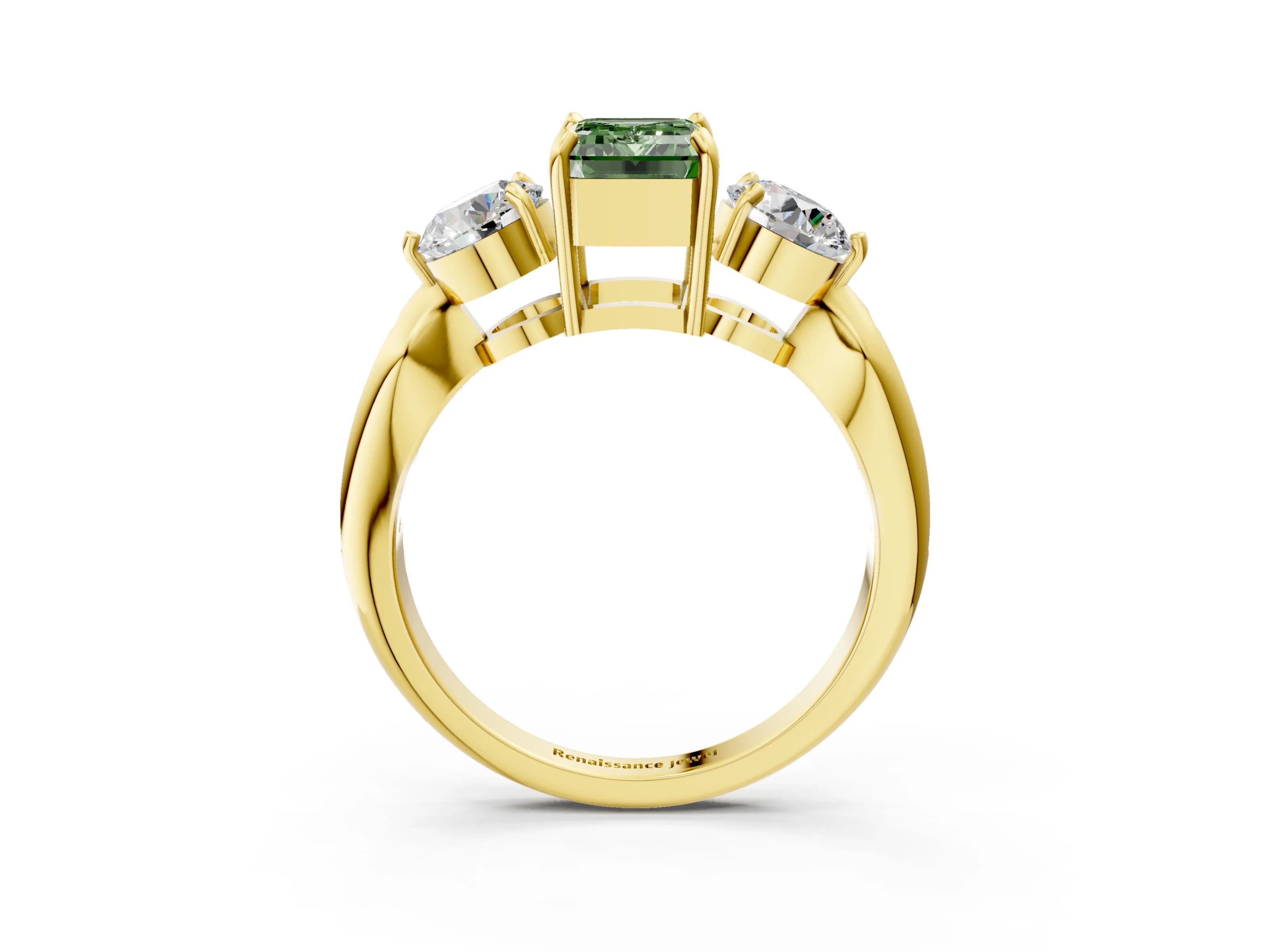 Yellow gold Three-Stone Fancy Green Emerald Cut Diamond Channel Set Engagement Ring with Prong Setting_3