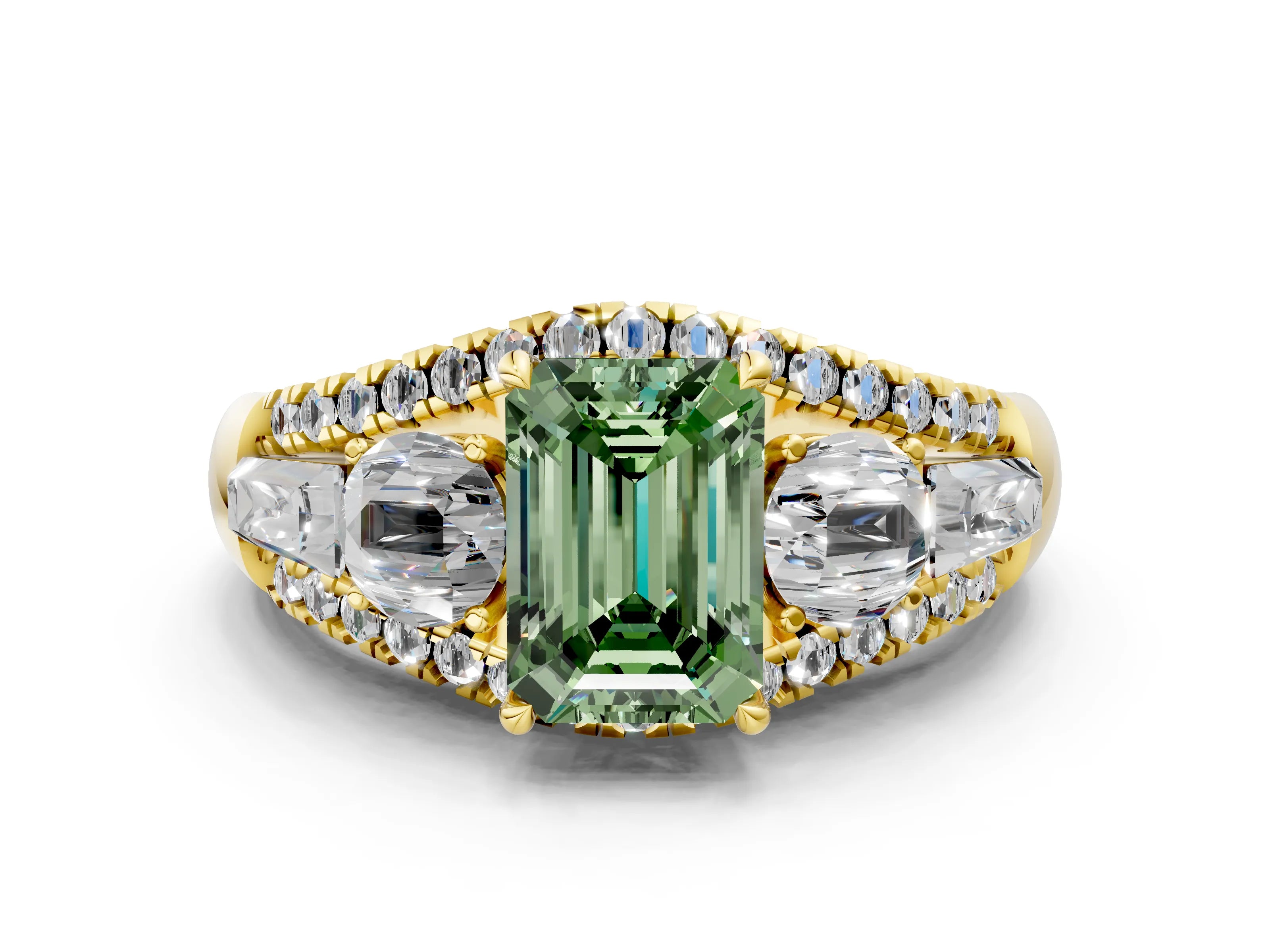 Yellow gold Three-Stone Fancy Green Emerald Cut Diamond Engagement Ring with Pave Band and Prong Setting_12