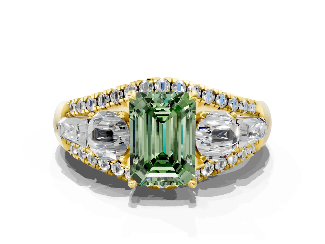 Yellow gold Three-Stone Fancy Green Emerald Cut Diamond Engagement Ring with Pave Band and Prong Setting_12