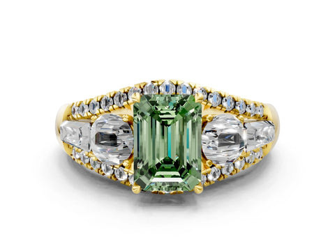 Yellow gold Three-Stone Fancy Green Emerald Cut Diamond Engagement Ring with Pave Band and Prong Setting_12