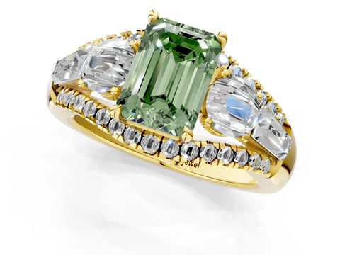 Yellow gold Three-Stone Fancy Green Emerald Cut Diamond Engagement Ring with Pave Band and Prong Setting_13